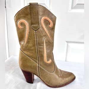 Women's Vintage Genuine Rawhide Leather Olive Khaki Tan Mid-Calf Cowgirl Boots